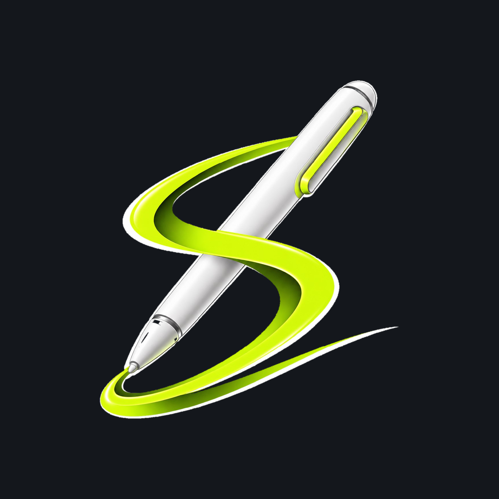 Styluz app icon: a pen drawing a lime-green S