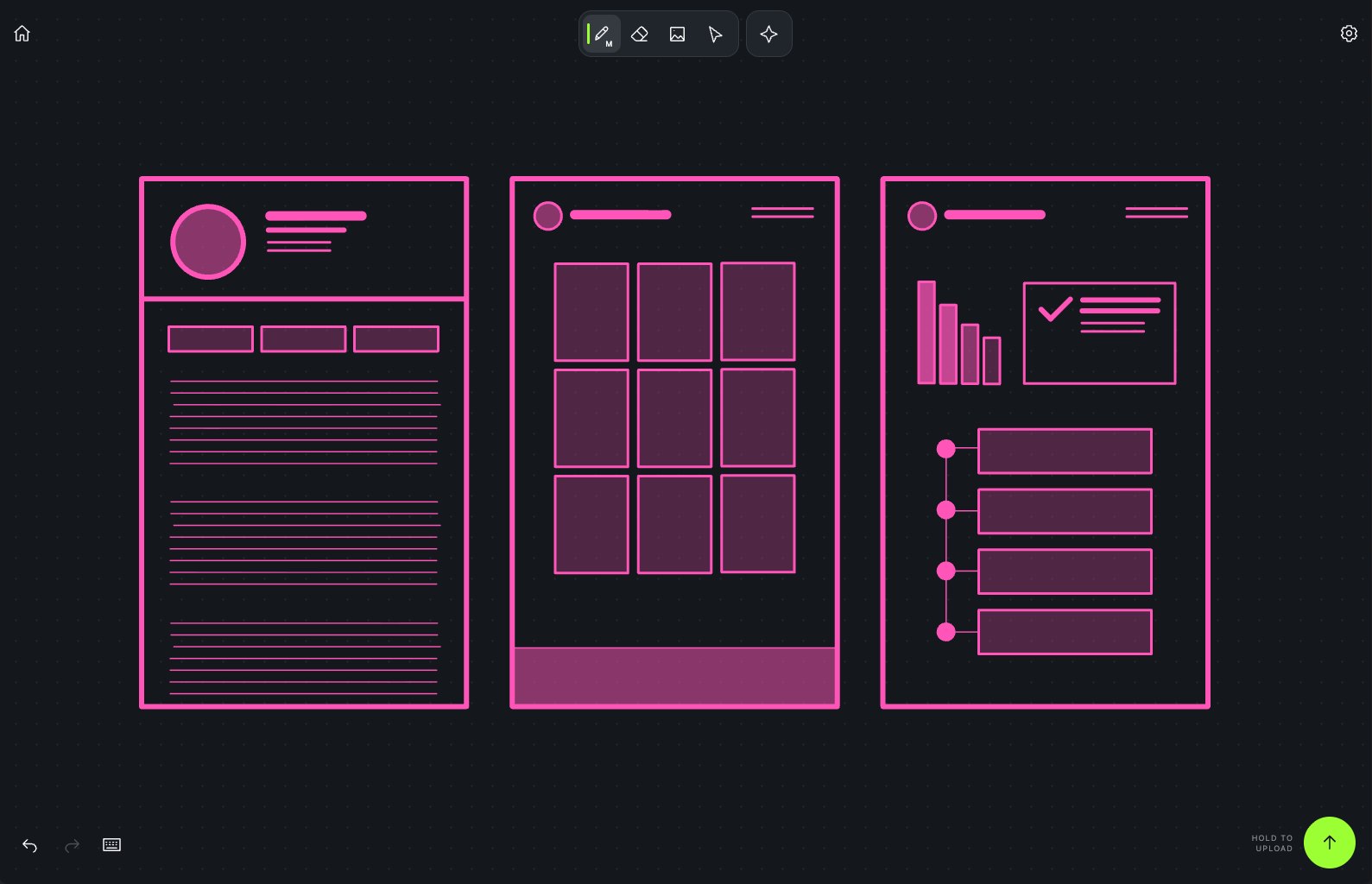 Styluz desktop canvas showing three magenta wireframe sketches of app layouts